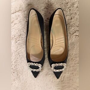 Adrienne Vittadini Black Satin Crystal Buckle Heels Size 8